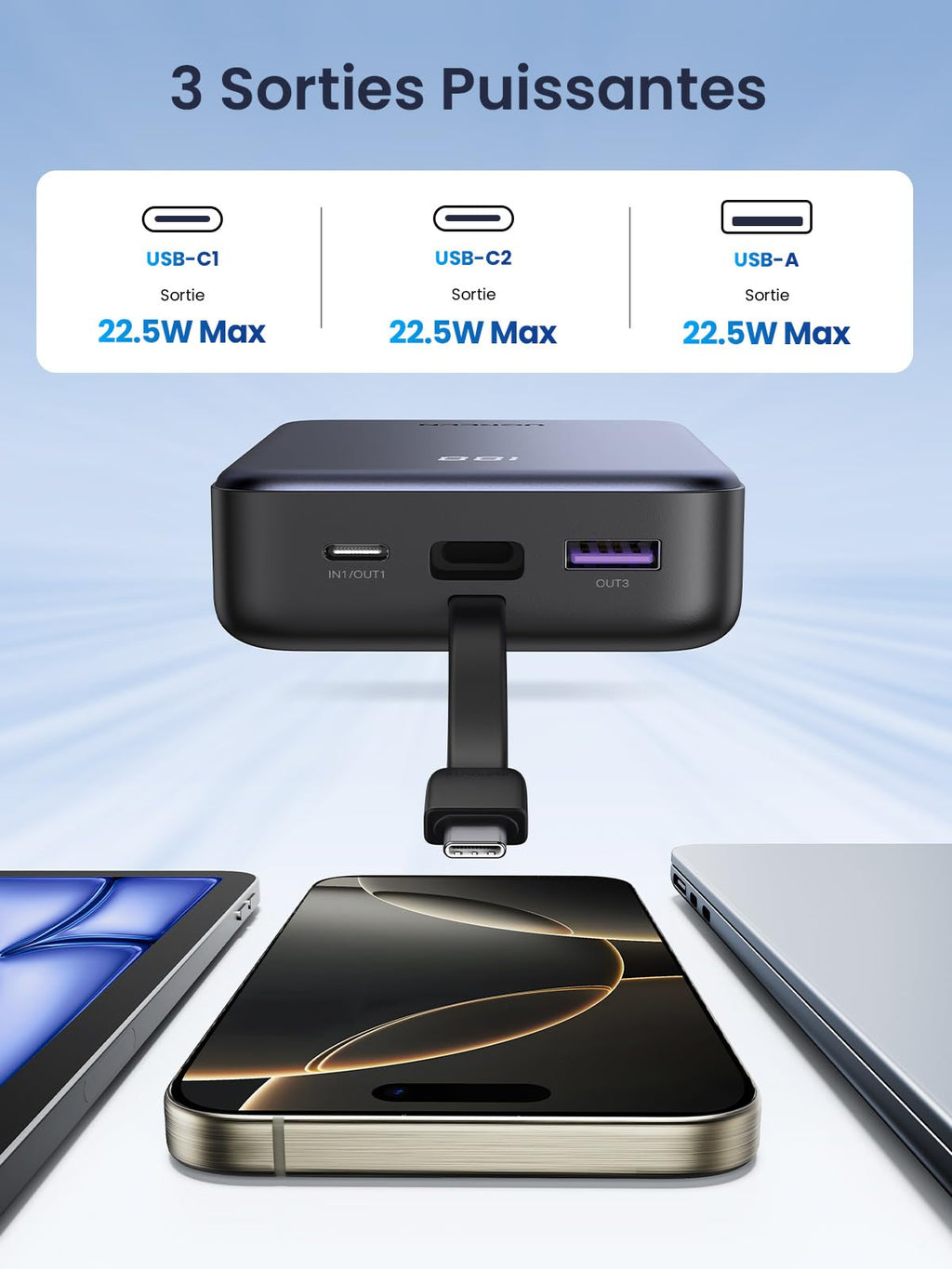 UGREEN Batterie Externe 20000mAh 22.5Wavec Câble USB C Intégré -3 sorties puissantes