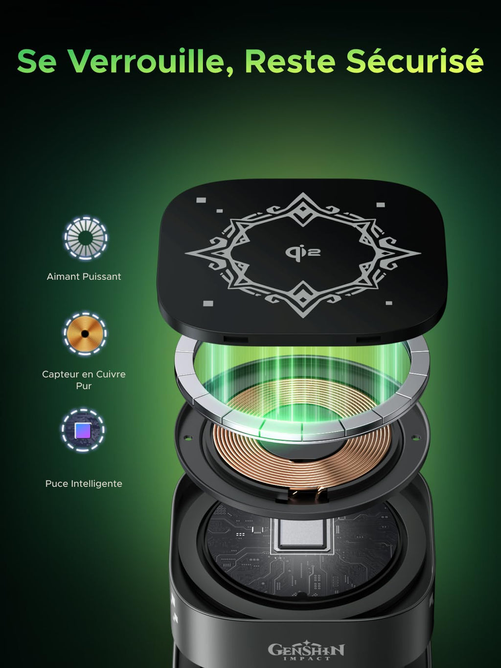 Le chargeur sans fil UGREEN MagFlow 2-en-1 Édition Genshin Impact délivre la charge sans fil Qi2 15W, est compatible MagSafe et possède une forte fixation magnétique grâce à un aimant puissant, un capteur en cuivre pur et une puce intelligente pour une charge sécurisée.