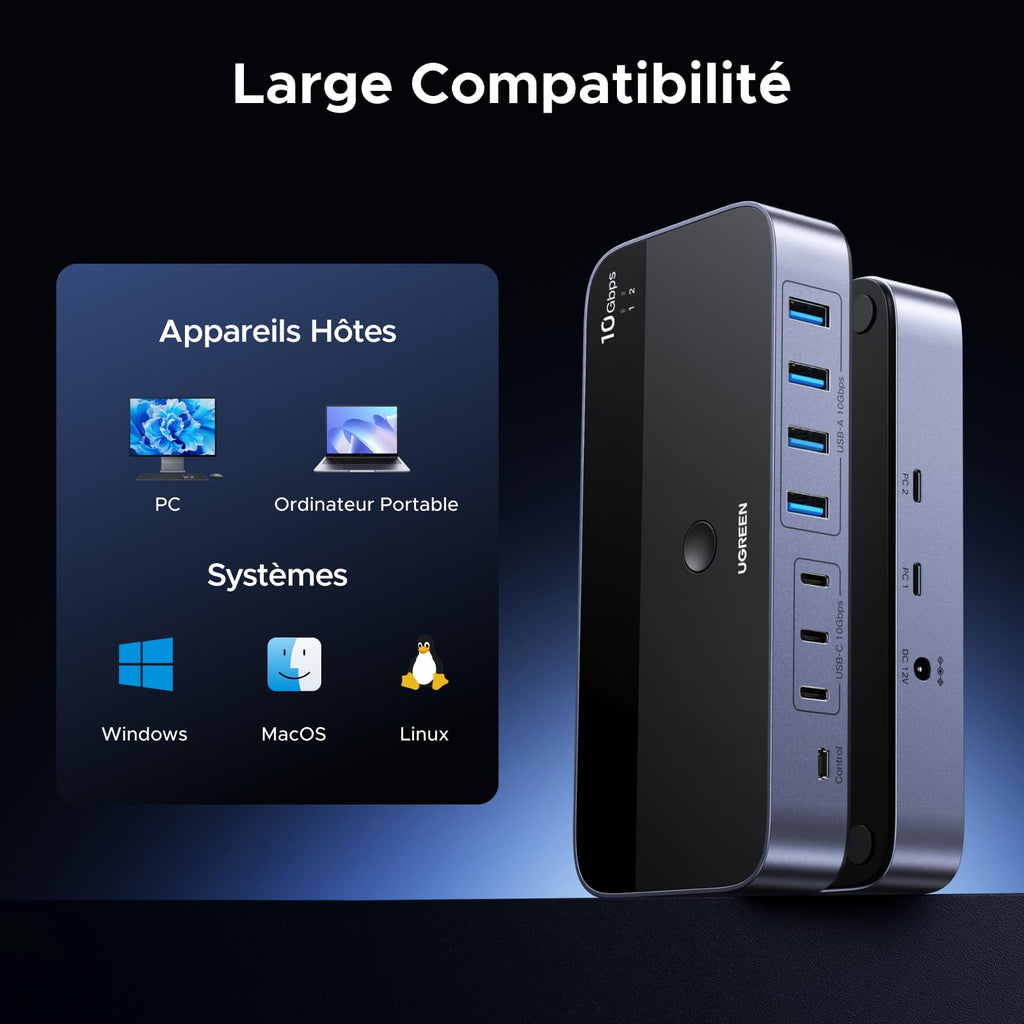 UGREEN 10Gbps Switch USB C 3.2 Commutateur KVM 2 PC Entrées 7 Sorties