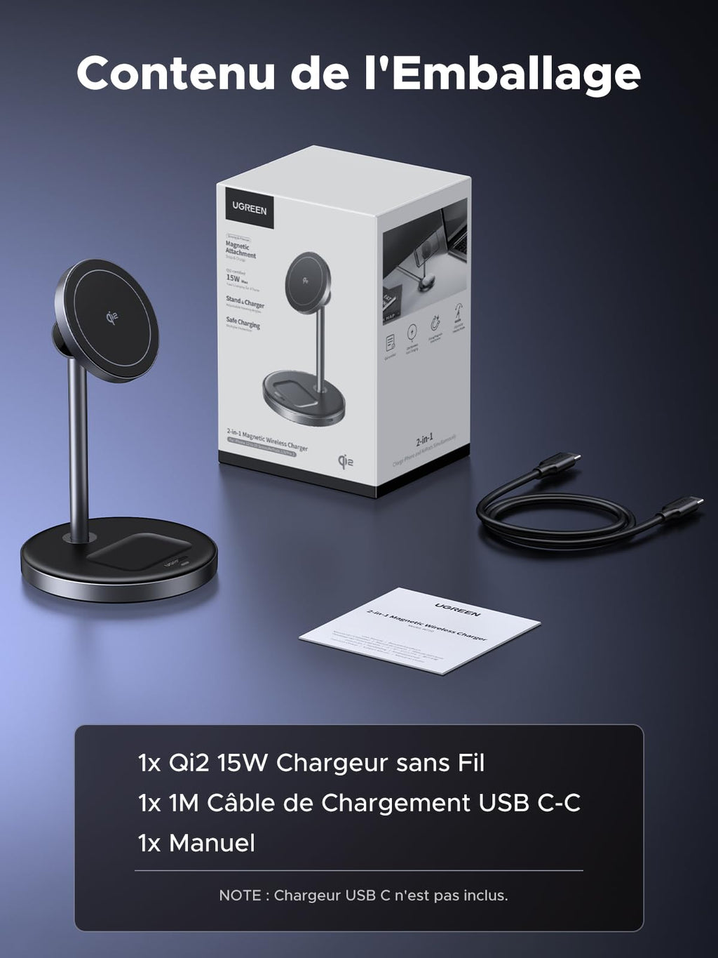 UGREEN MagFlow Chargeur Induction 3 en 1 Certifié Qi2 15W -contenu de l'emballage