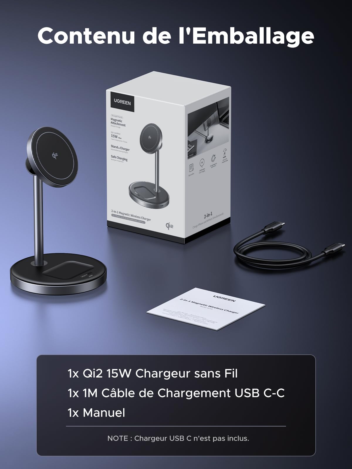 UGREEN MagFlow Chargeur Induction 3 en 1 Certifié Qi2 15W -contenu de l'emballage