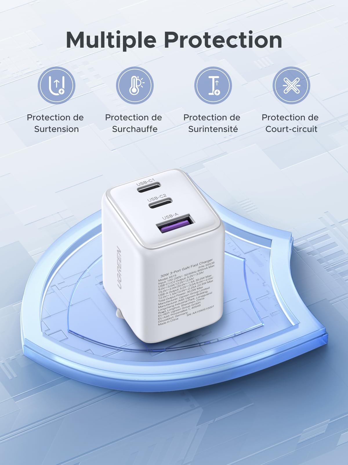 UGREEN Zapix 30W Chargeur USB C Rapide iPhone 3 Ports Prise Secteur(Blanc)