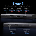 UGREEN Revodok 308 Hub USB C 8-en-1 (4K Triple Affichage, PD100W) -8 en 1 resolution maximale prise en charge sur un seul ecran