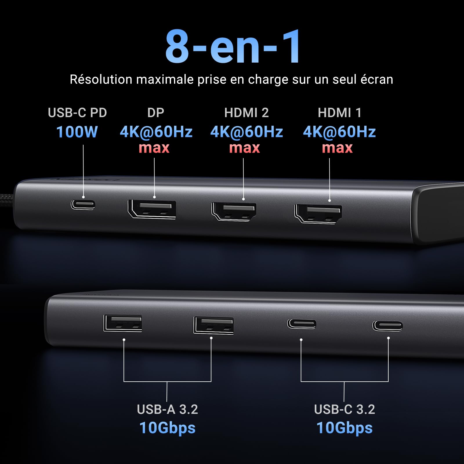 UGREEN Revodok 308 Hub USB C 8-en-1 (4K Triple Affichage, PD100W) -8 en 1 resolution maximale prise en charge sur un seul ecran