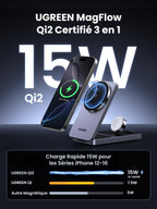 Le chargeur sans fil UGREEN MagFlow 3-en-1 fournit une charge Qi2 15W avec design compatible MagSafe et forte stabilité magnétique, offrant jusqu’à 15W de charge rapide pour iPhone 12–16—le double de la vitesse des chargeurs Qi1 et trois fois celle des autres chargeurs magnétiques.