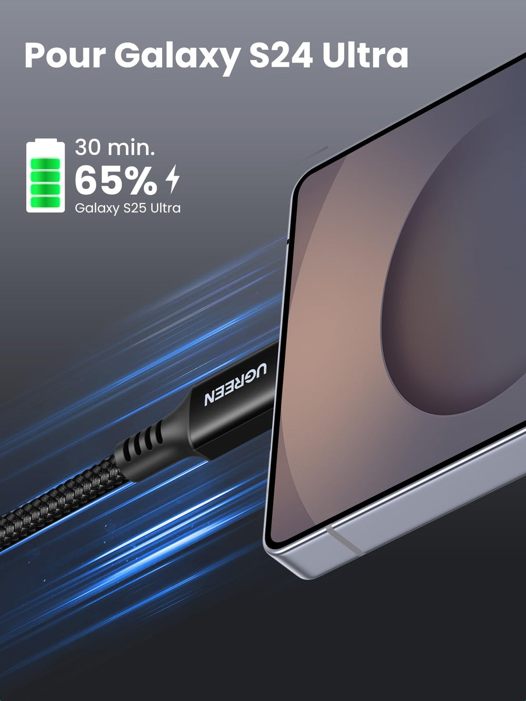 UGREEN Zapix Câble USB C 100W PD 20V 5A Charge Rapide Nylon Tressé (0,5M)