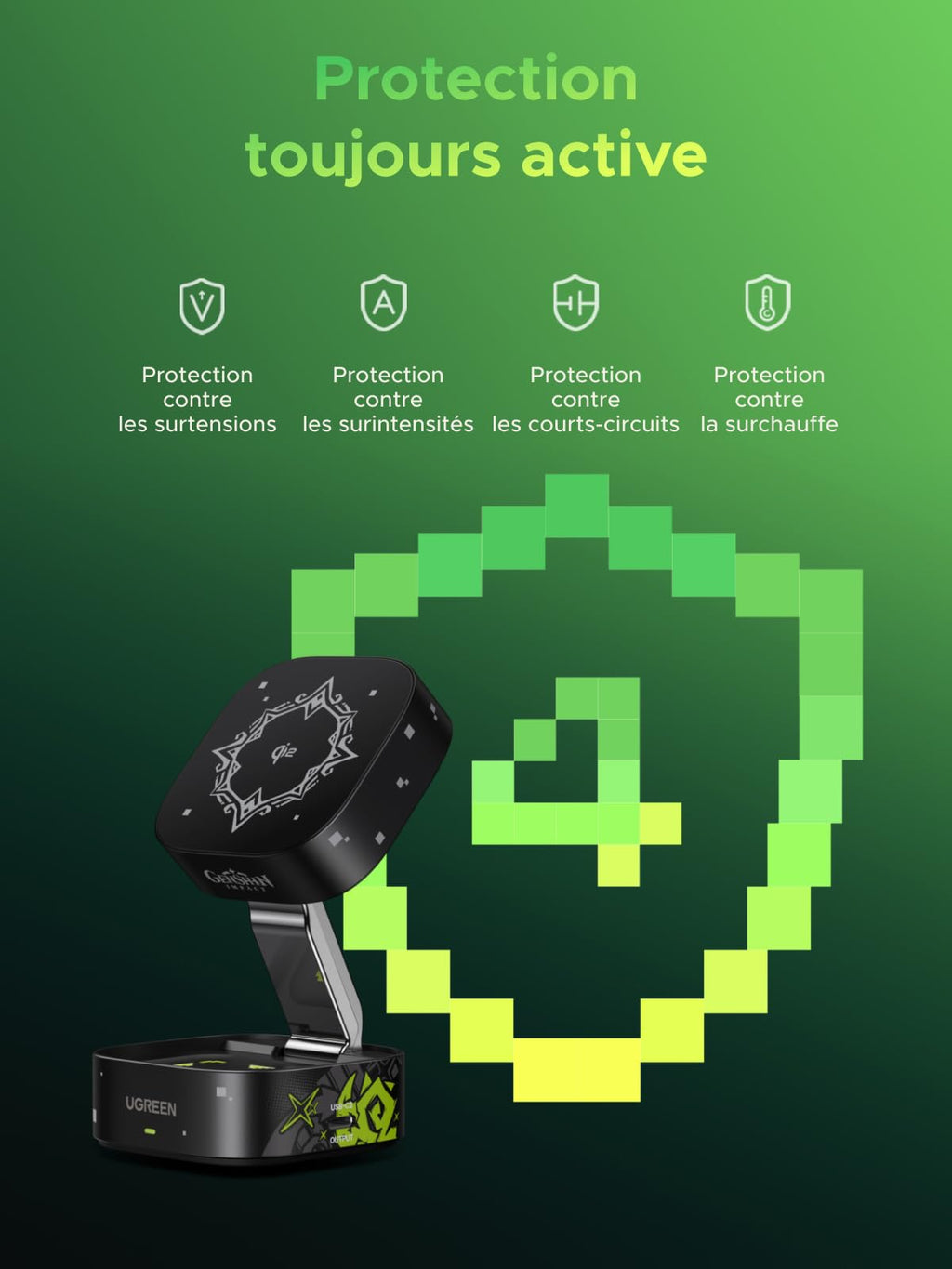 UGREEN MagFlow 2-en-1 chargeur sans fil Édition Genshin Impact avec un design exclusif Kinich, forte fixation magnétique, charge Qi2 15W, support compatible MagSafe et protection intégrée contre surtension, surcourant, court-circuit et surchauffe.