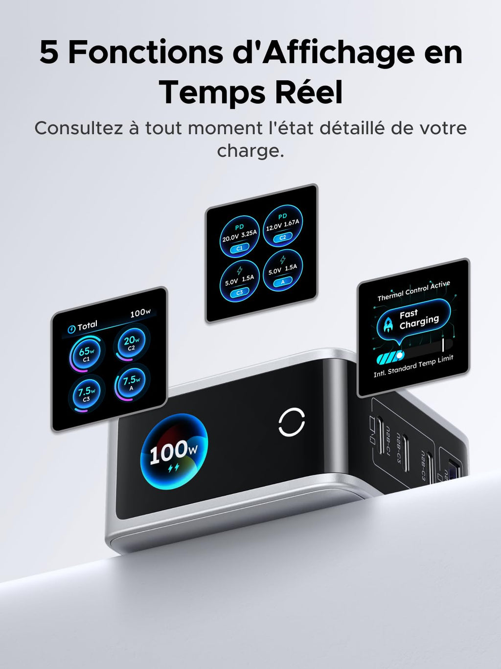 UGREEN Nexode Pro 100W Chargeur Rapide USB C 4 Ports avec Écran Intelligent | GaN Tech, Compatible avec iPhone 17 Pro Max Air 16 15 14 13 Galaxy S26 S25 Pixel 10 9 iPad MacBook Neo Air Pro M5 M4 M3 M2 M1