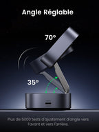 UGREEN MagFlow chargeur sans fil 2-en-1 avec design magnétique et support compatible MagSafe, doté d’une hauteur et d’un angle réglables de 35° à 70° pour un affichage optimal tout en délivrant une charge sans fil stable Qi2 15 W.