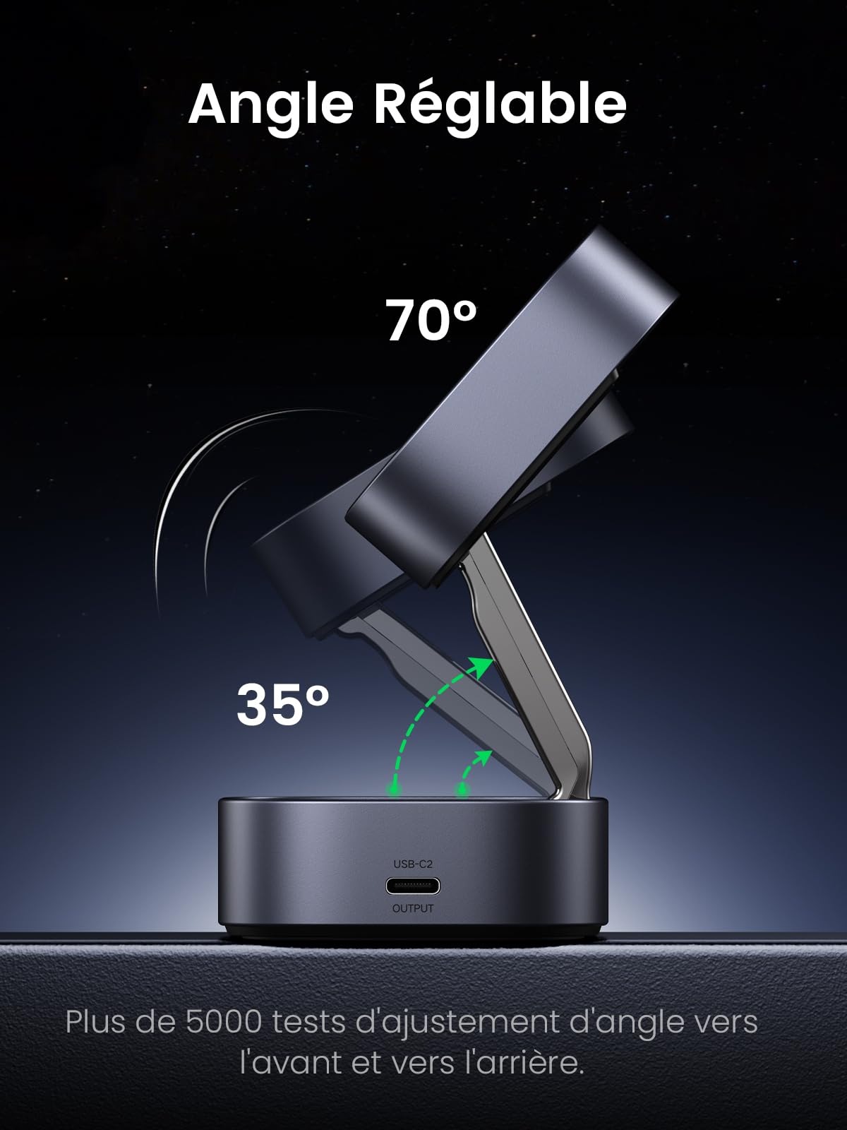 UGREEN MagFlow chargeur sans fil 2-en-1 avec design magnétique et support compatible MagSafe, doté d’une hauteur et d’un angle réglables de 35° à 70° pour un affichage optimal tout en délivrant une charge sans fil stable Qi2 15 W.