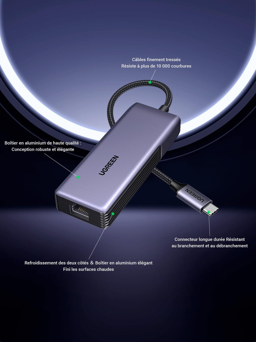 UGREEN 5Gbps Adaptateur USB C Ethernet RJ45 5 Gigabit Thunderbolt C 3.2 Gen 2 vers RJ45 WOL MDI MDIX en Aluminium Compatible avec Windows 11 Linux Kernel 5.17 MacOS