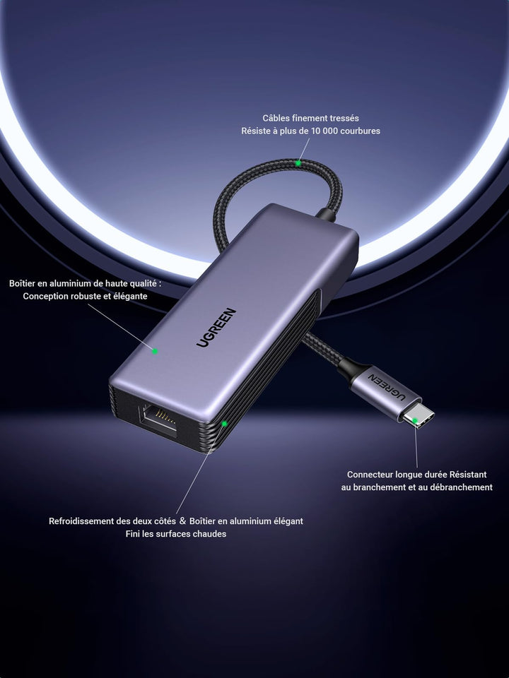 UGREEN 5Gbps Adaptateur USB C Ethernet RJ45 5 Gigabit Thunderbolt C 3.2 Gen 2 vers RJ45 WOL MDI MDIX en Aluminium Compatible avec Windows 11 Linux Kernel 5.17 MacOS