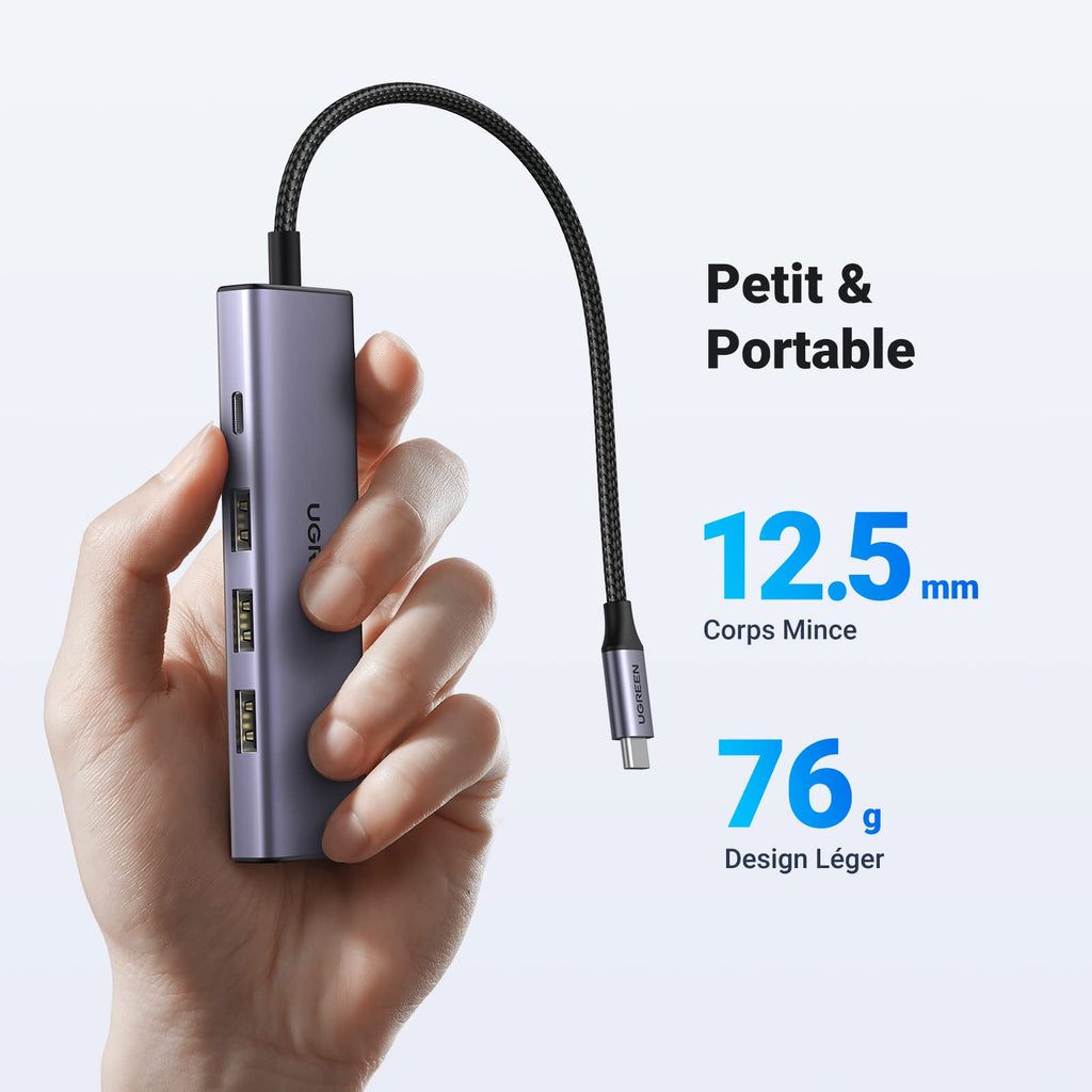 UGREEN Hub USB C 5 en 1 HDMI 4K 100W PD Charge 3 Ports USB 3.0 (Gris)