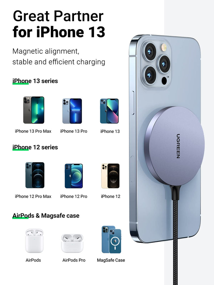 UGREEN Chargeur sans Fil Magnétique Chargeur à Induction 15W Compatible avec iPhone 13 Pro Max Mini 12 Pro Max Mini AirPods Pro