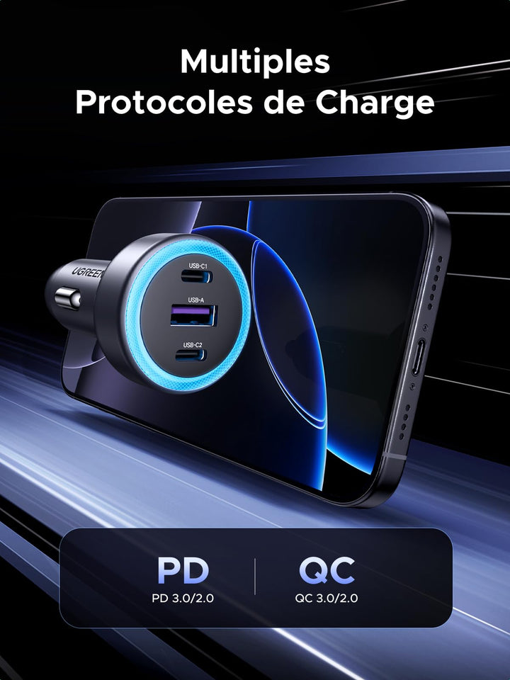 UGREEN Allume Cigare USB C 3 Ports 30W PD QC 3.0 Chargeur Voiture Rapide Lumière LED Compatible avec iPhone 16 Plus Pro Max 15 14 13 Galaxy S24 Ultra S23 Pixel 9 8 7