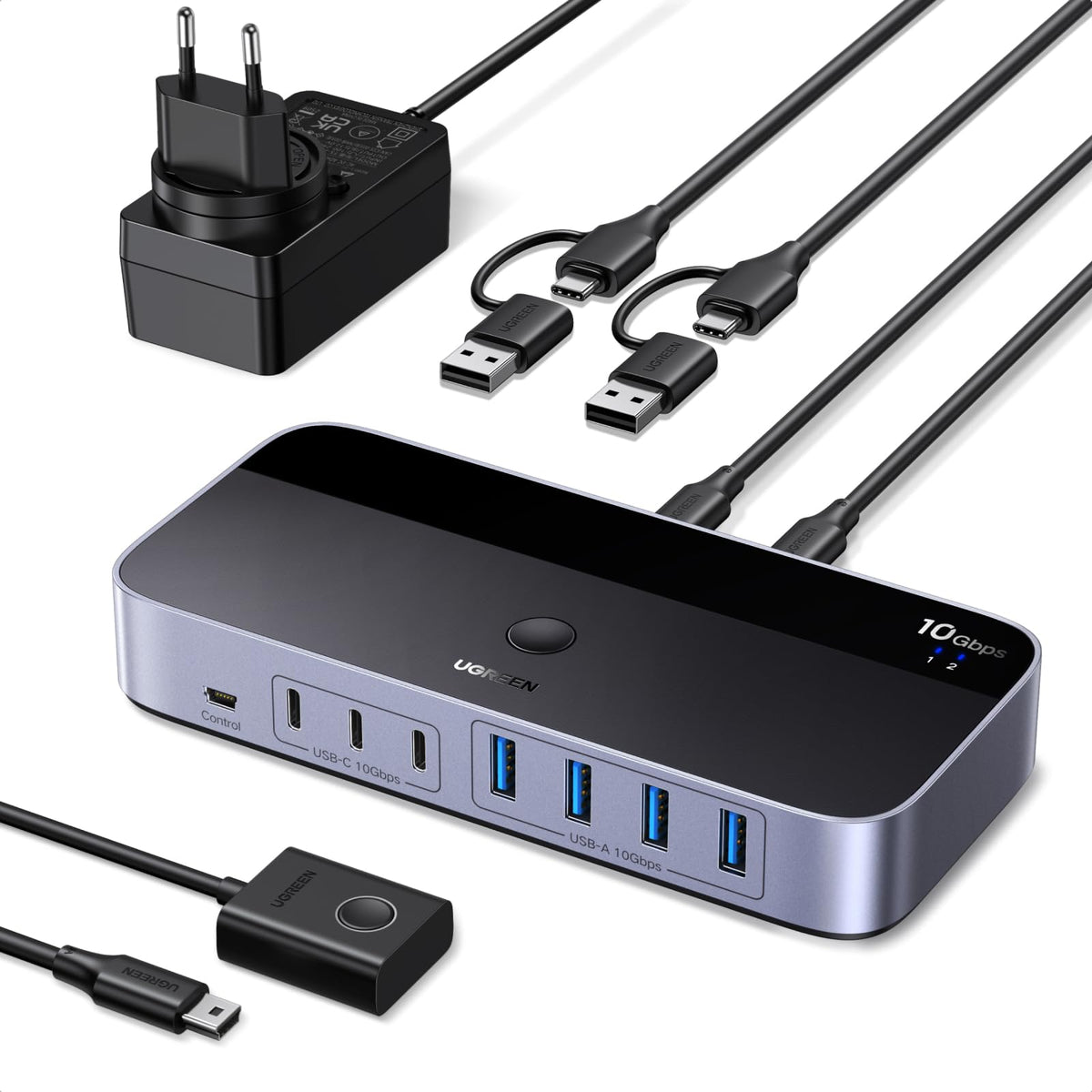 UGREEN 10Gbps Switch USB C 3.2 Commutateur KVM 2 PC Entrées 7 Sorties