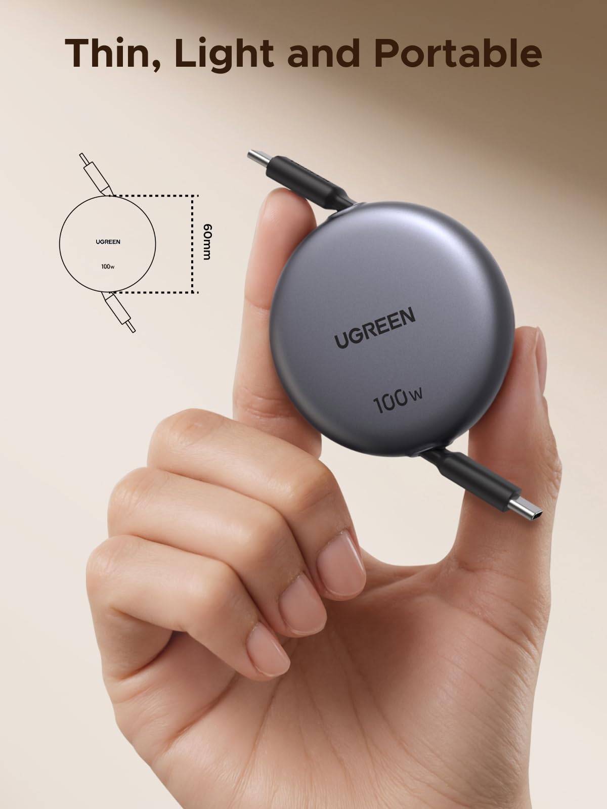 UGREEN Nexode Câble USB-C rétractable 100W se distingue par son design fin, léger et portable, parfait pour la charge et le transfert de données en toute simplicité lors de vos déplacements et dans la vie quotidienne.