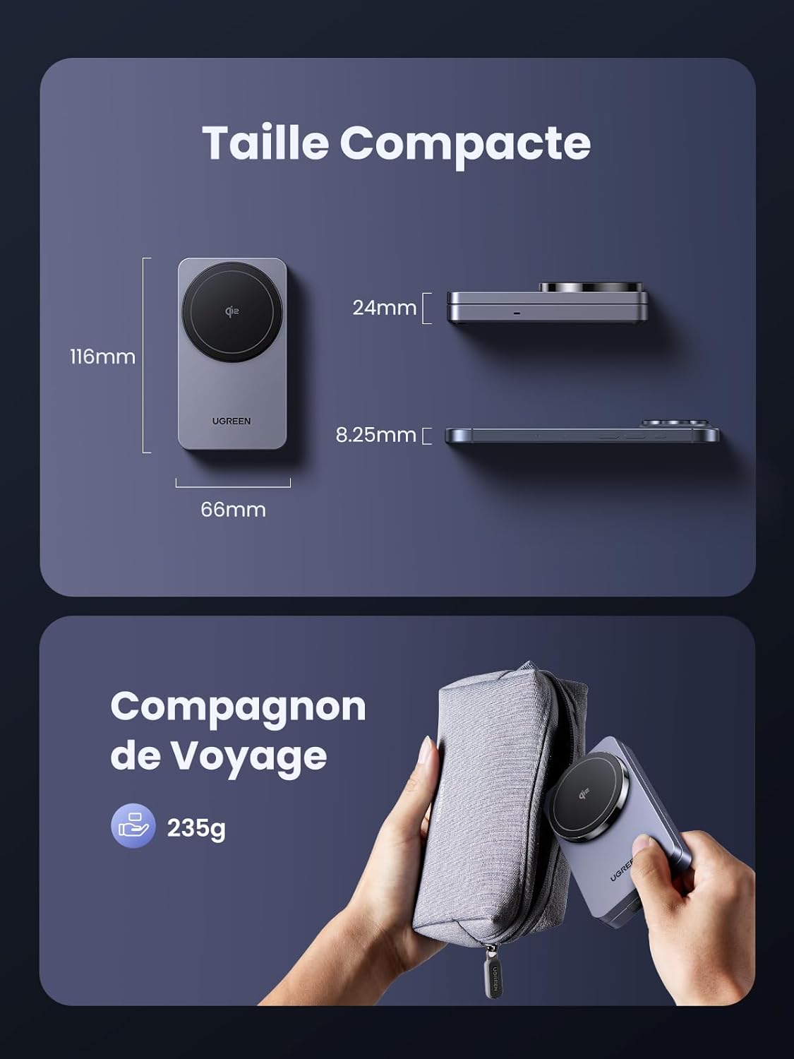 UGREEN MagFlow chargeur sans fil 2-en-1, entièrement compatible MagSafe, doté d’un alignement magnétique puissant et certifié Qi2 pour jusqu’à deux fois la vitesse de charge, supportant la charge sans fil Qi2 15 W pour iPhone et AirPods simultanément, avec une construction en alliage d’aluminium durable et un design pliable compact pour une commodité lors des voyages.