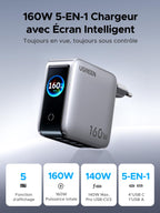 UGREEN Nexode Pro 160W Chargeur USB C Rapide 5 Ports avec Écran TFT GaN II | Compatible avec MacBook Pro Air Neo M5 M4 M3 M2 M1 iPad iPhone 17 Pro Max Air 16 15 14 13 12 Galaxy S26 S25 S24 Pixel 10 9 8