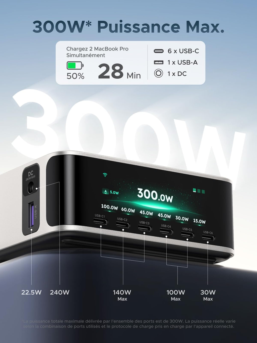 UGREEN Nexode Pro 300W Chargeur USB C Station de Charge 7 Ports avec Écran | PD3.1 140W, GaN Tech, Compatible avec MacBook Pro Air Neo M5 M4 M3 M2 M1 iPad iPhone 17 16 15 14 13 12 Galaxy S26 S25 Pixel