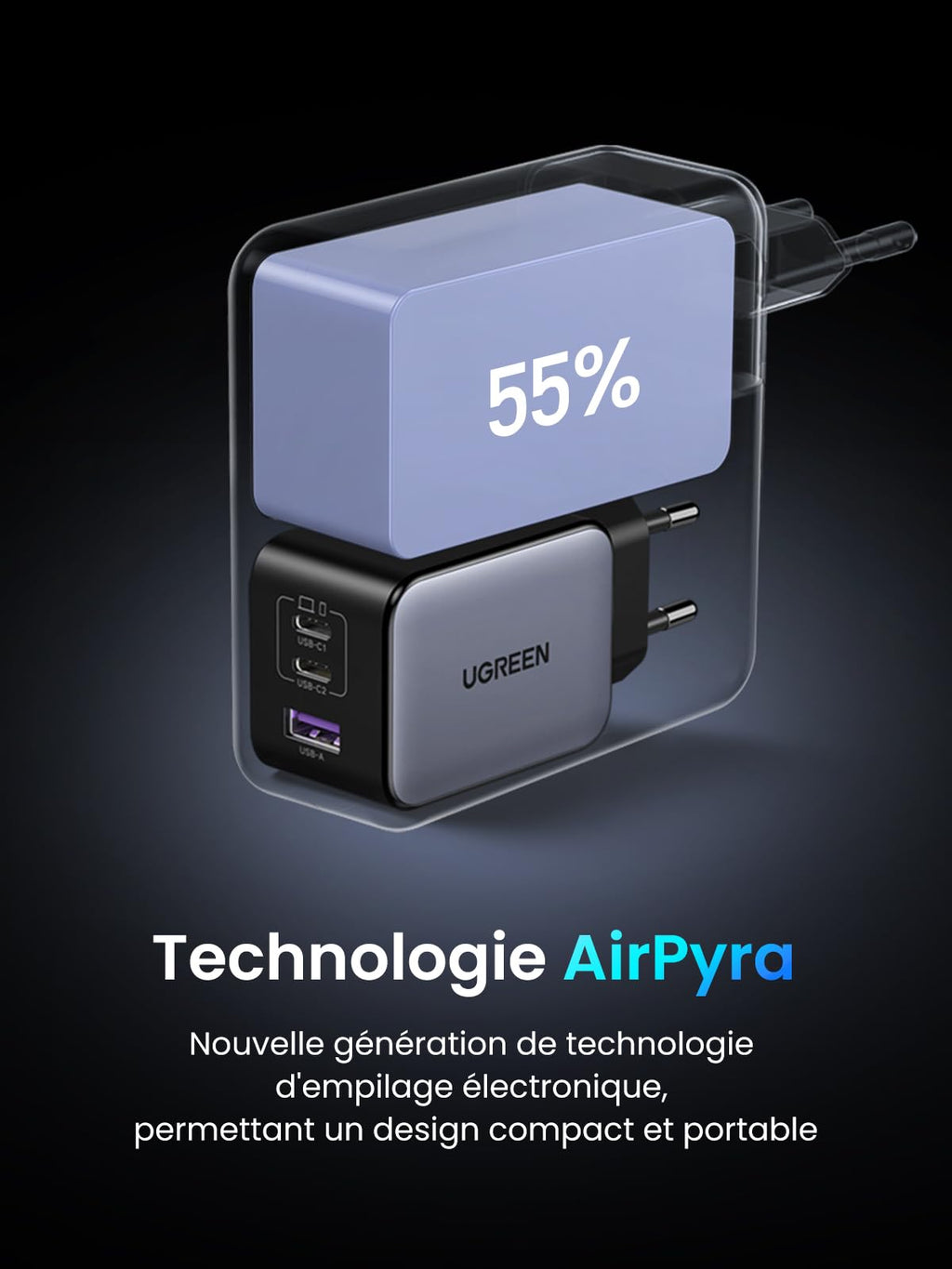 UGREEN Nexode X 65W Chargeur Rapide USB-C à 3 Ports -technologie airpyra
