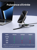 UGREEN MagFlow chargeur sans fil 2-en-1, entièrement compatible MagSafe, supportant la charge sans fil Qi2 15 W pour iPhone et nécessitant au moins 27 W de puissance d’entrée pour charger simultanément les AirPods et l’iWatch, garantissant une compatibilité complète des appareils avec un alignement magnétique sécurisé.