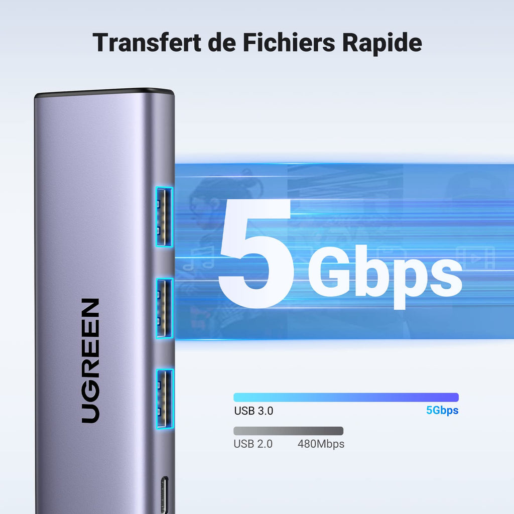 UGREEN Hub USB C 5 en 1 HDMI 4K 100W PD Charge 3 Ports USB 3.0 (Gris)