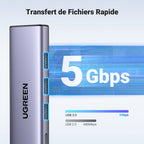 UGREEN Hub USB C 5 en 1 HDMI 4K 100W PD Charge 3 Ports USB 3.0 (Gris)