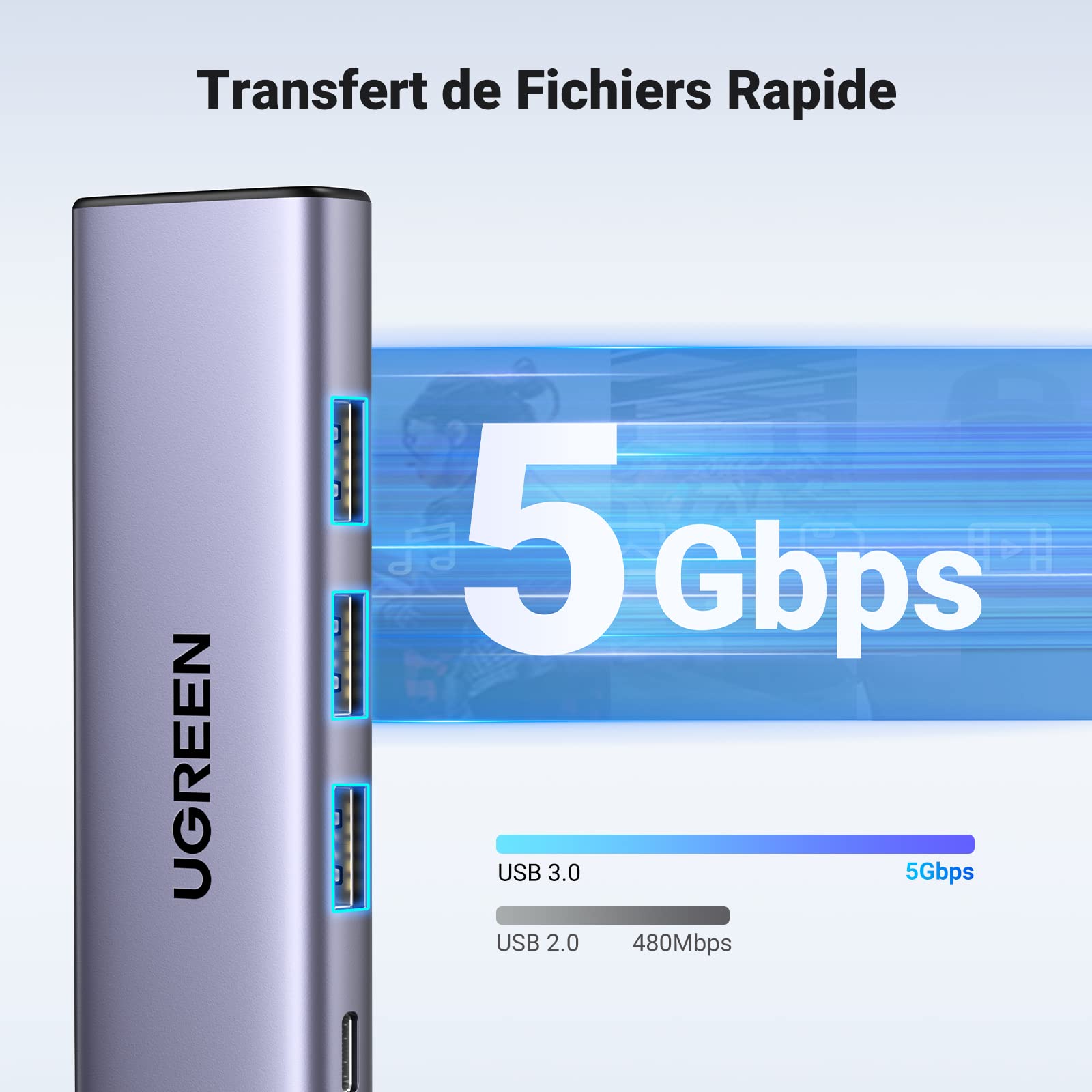UGREEN Hub USB C 5 en 1 HDMI 4K 100W PD Charge 3 Ports USB 3.0 (Gris)
