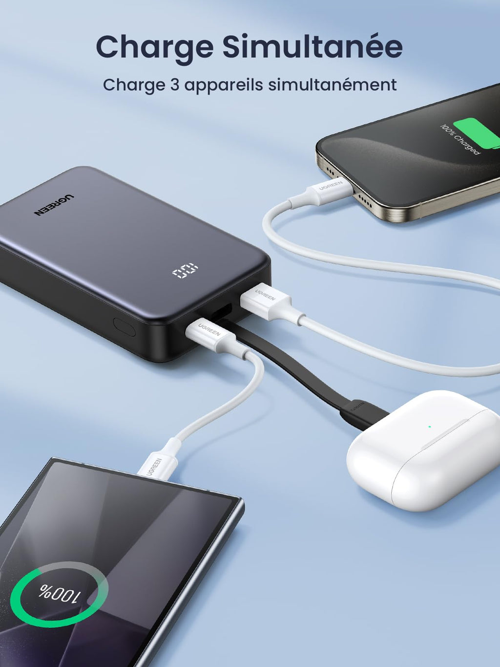 UGREEN Batterie Externe 20000mAh 22.5Wavec Câble USB C Intégré -charge simultanee