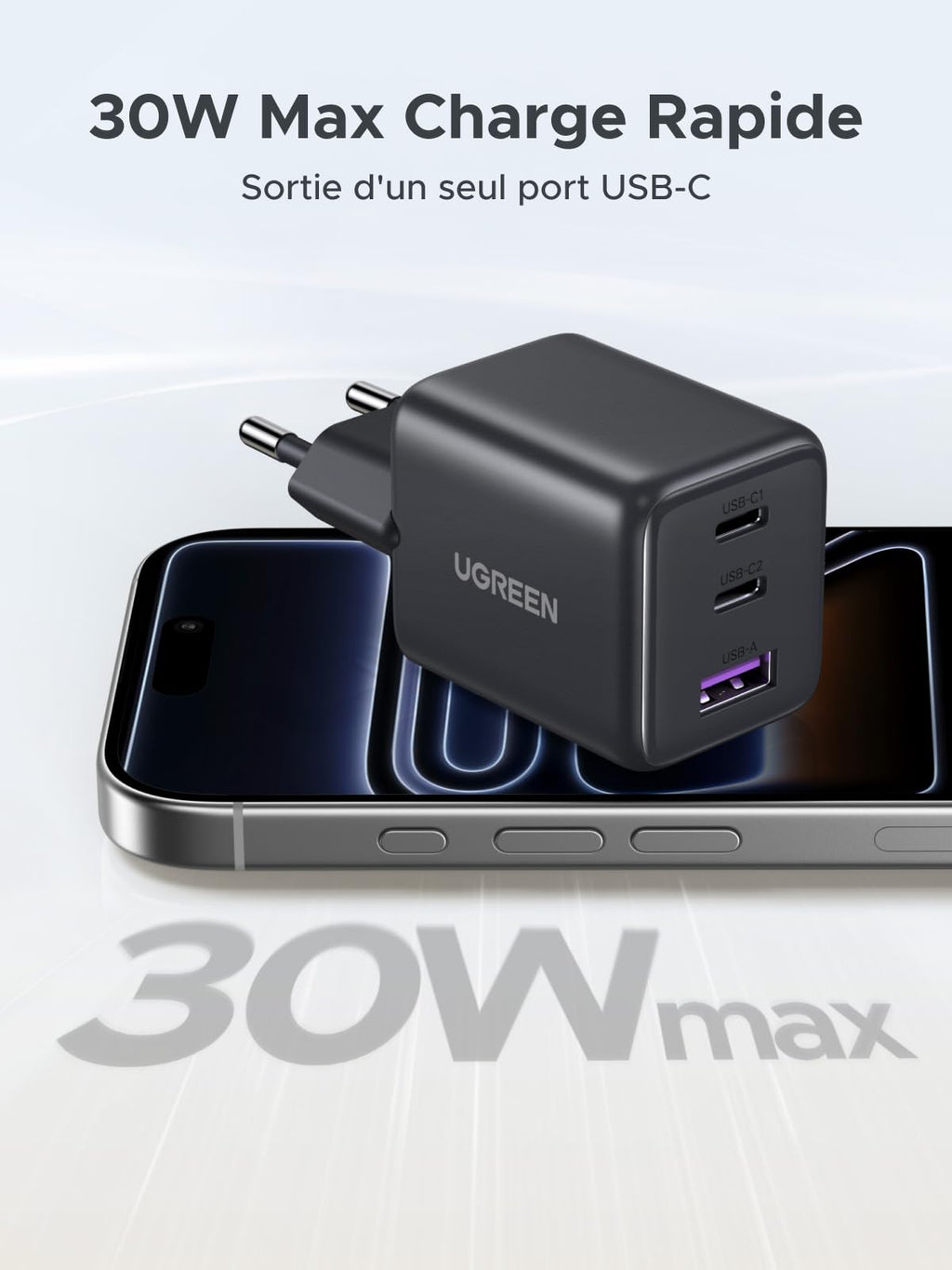 UGREEN Zapix 30W Chargeur USB C Rapide iPhone 3 Ports Prise Secteur (Noir)