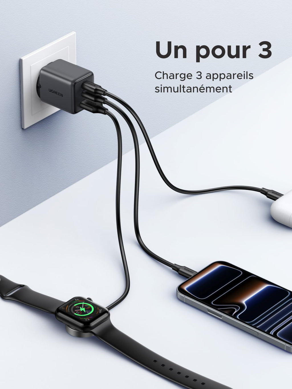 UGREEN Zapix 30W Chargeur USB C Rapide iPhone 3 Ports Prise Secteur (Noir)
