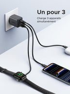 UGREEN Zapix 30W Chargeur USB C Rapide iPhone 3 Ports Prise Secteur (Noir)