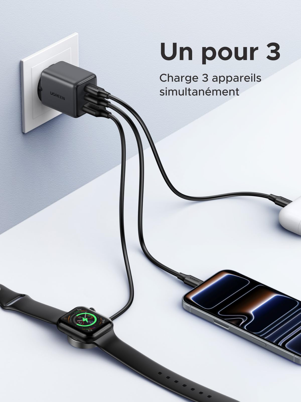 UGREEN Zapix 30W Chargeur USB C Rapide iPhone 3 Ports Prise Secteur (Noir)