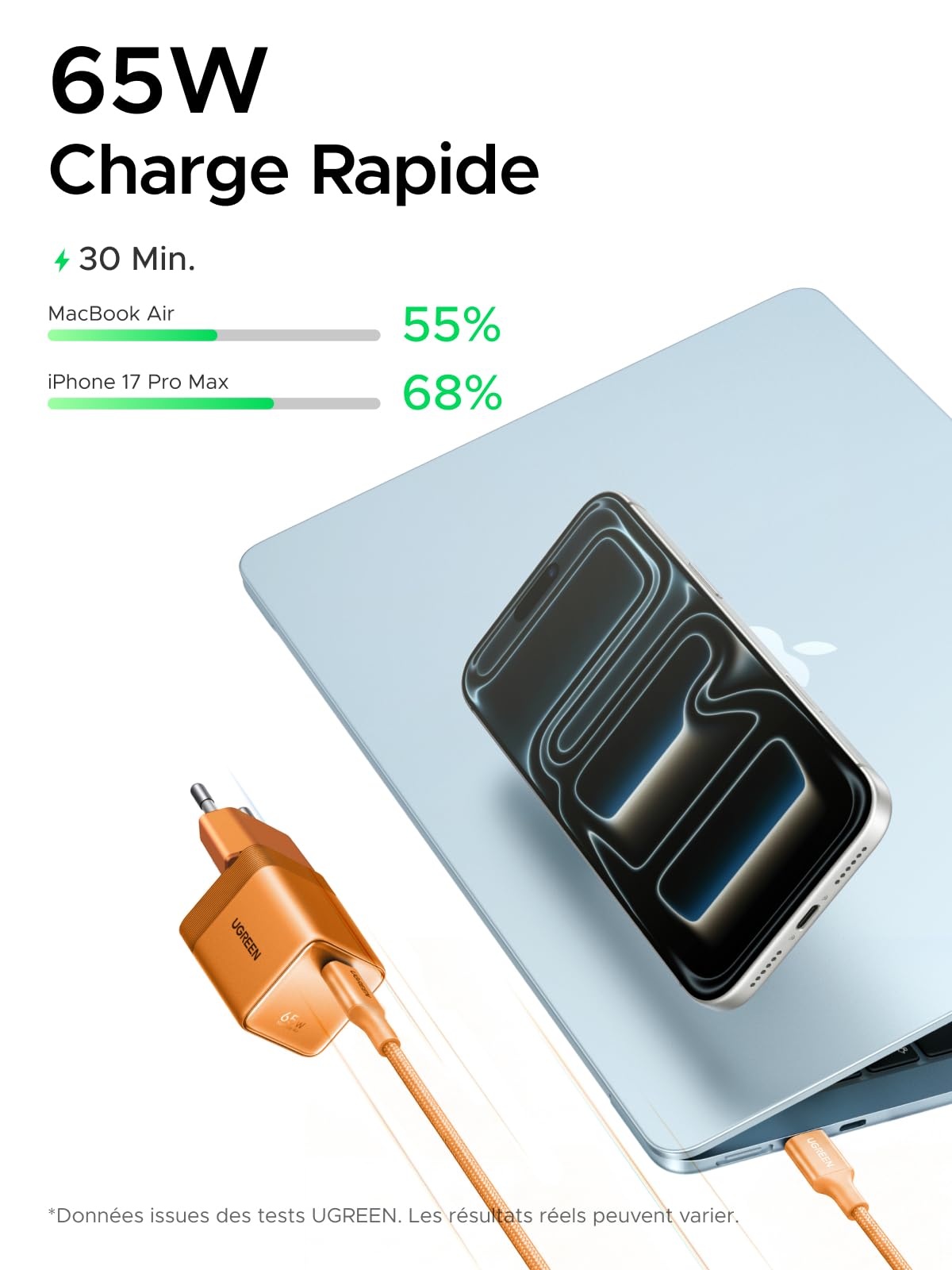 UGREEN Nexode Air 65W Chargeur USB C Rapide GaNInfinity avec Câble (Orange)