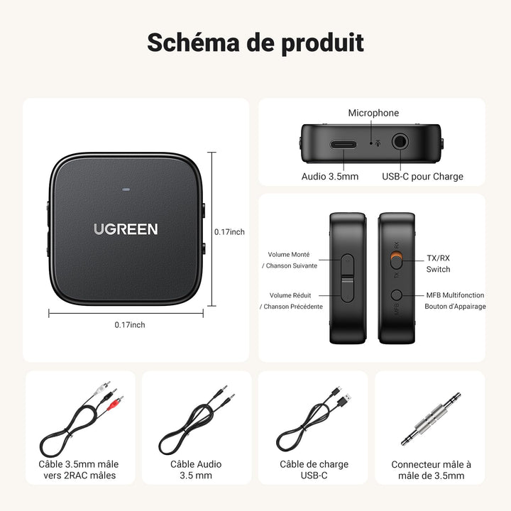 UGREEN 2 en 1 Transmetteur Récepteur Bluetooth 5.2 Émetteur Bluetooth TV Adaptateur Bluetooth Jack 3.5mm