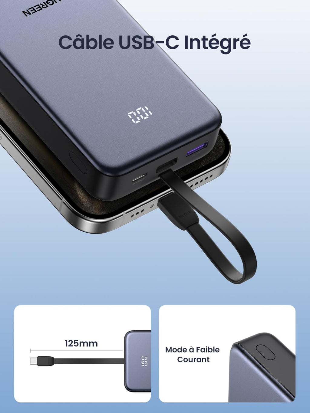 UGREEN Batterie Externe 20000mAh 22.5Wavec Câble USB C Intégré -cable usb-c integre