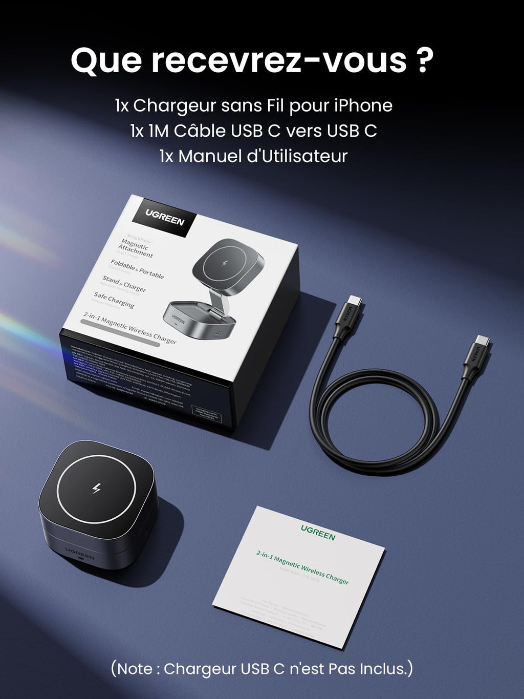 Contenu de la boîte du chargeur sans fil UGREEN MagFlow 2-en-1 incluant chargeur magnétique compatible MagSafe, câble de charge USB-C et manuel d’instructions, supportant la charge sans fil Qi2 15W pour une recharge pratique et rapide.
