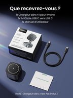 Contenu de la boîte du chargeur sans fil UGREEN MagFlow 2-en-1 incluant chargeur magnétique compatible MagSafe, câble de charge USB-C et manuel d’instructions, supportant la charge sans fil Qi2 15W pour une recharge pratique et rapide.