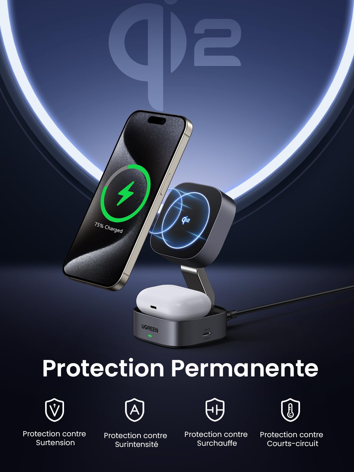 UGREEN MagFlow chargeur sans fil 2-en-1, entièrement compatible MagSafe, doté d’un alignement magnétique puissant et d’une protection complète toujours active contre les surtensions, surintensités, surchauffe et courts-circuits, tout en supportant la charge sans fil Qi2 15 W pour une charge sécurisée et fiable des appareils.