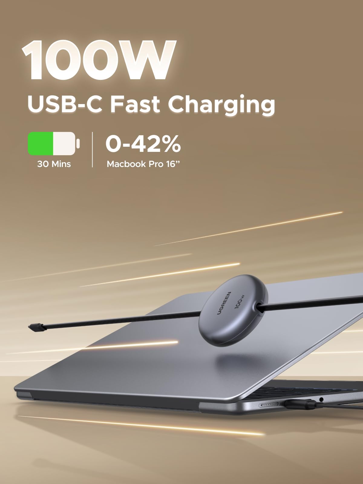 UGREEN Nexode Câble USB-C rétractable 100W prend en charge la charge ultra-rapide de 100W et recharge complètement un MacBook Pro 16" de 0 à 42 % en seulement 30 minutes, offrant une alimentation efficace et des performances fiables au quotidien.