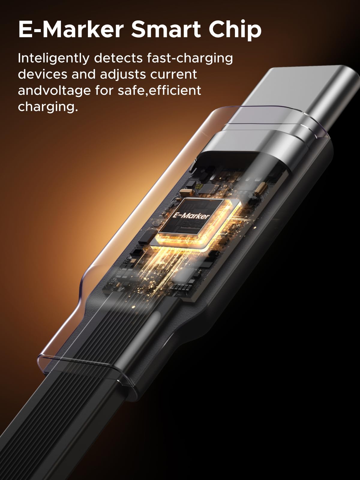 UGREEN Nexode Câble USB-C rétractable 100W intègre une puce intelligente E-Marker qui détecte automatiquement les appareils compatibles avec la charge rapide et ajuste le courant et la tension pour une alimentation de 100W sûre et efficace.