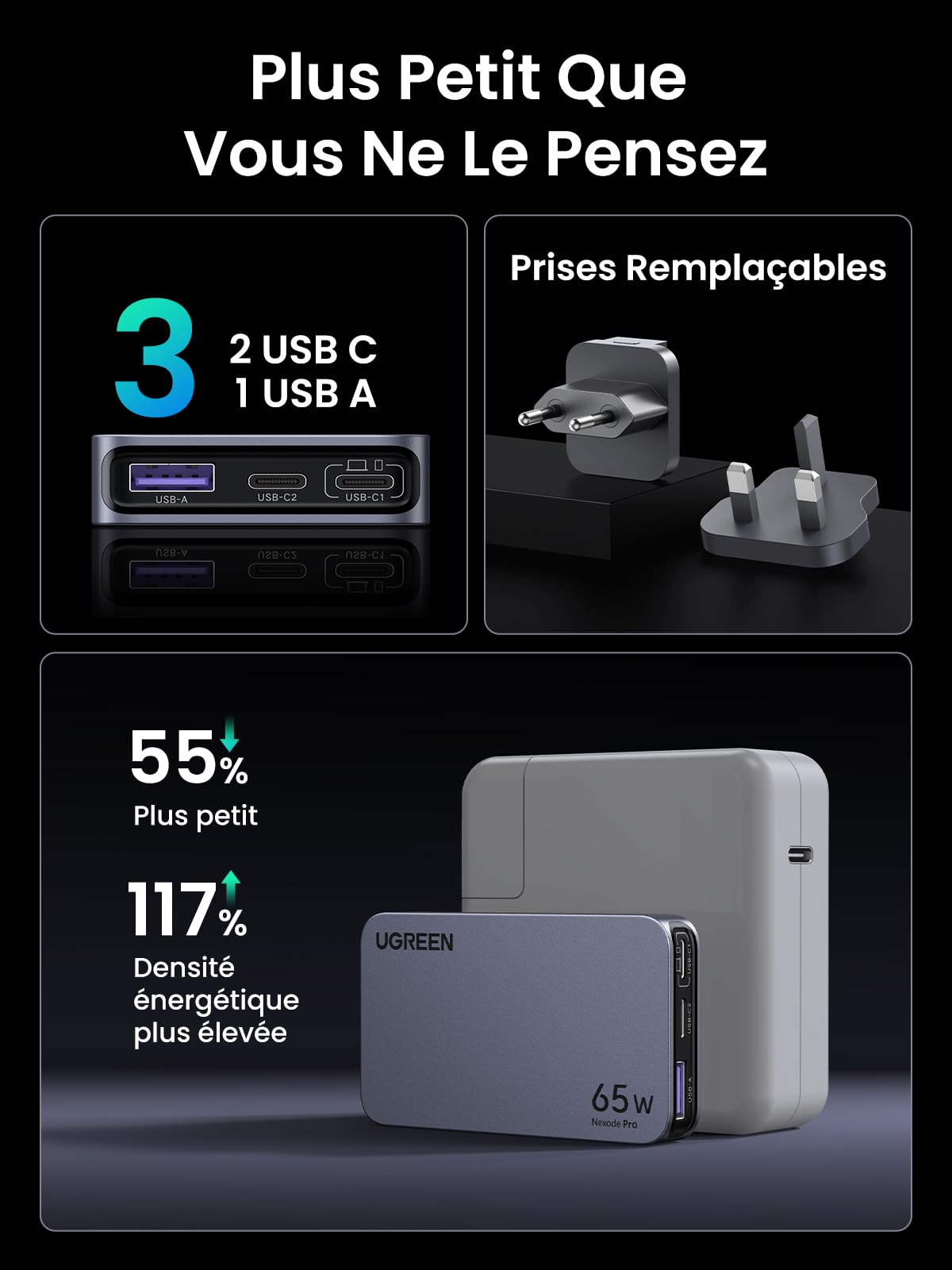 UGREEN Nexode Pro 65W Ultra-Fin Chargeur GaN (Prise EU UK US) - UGREEN FR
