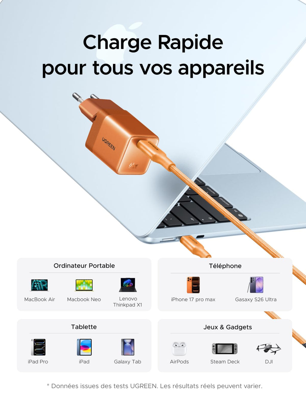 UGREEN Nexode Air 65W Chargeur USB C Rapide GaNInfinity avec Câble (Orange)