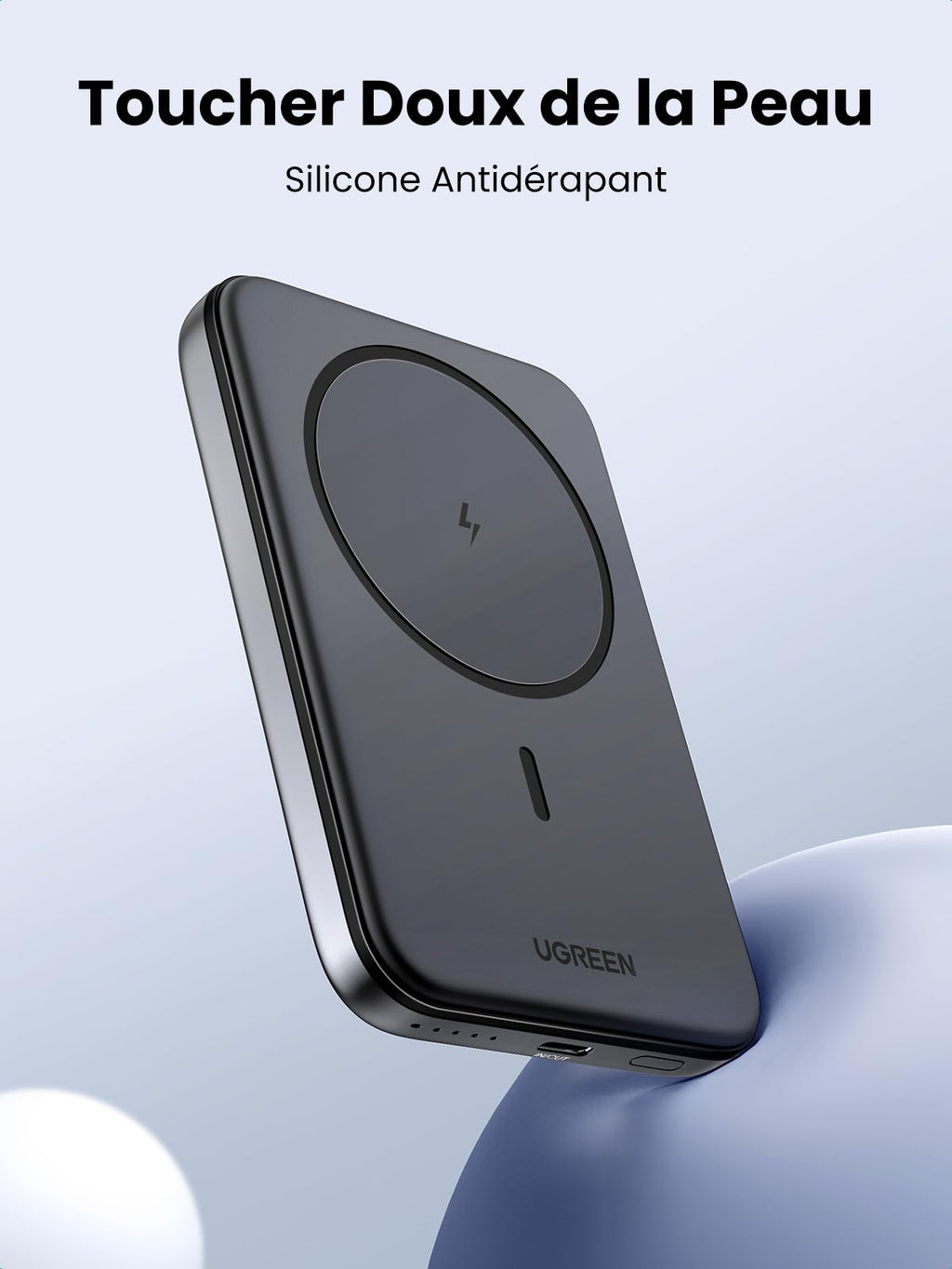 Batterie externe magnétique UGREEN Nexode Mini compatible MagSafe, dotée d’un revêtement en silicone antidérapant au toucher doux pour une prise en main agréable et sécurisée
