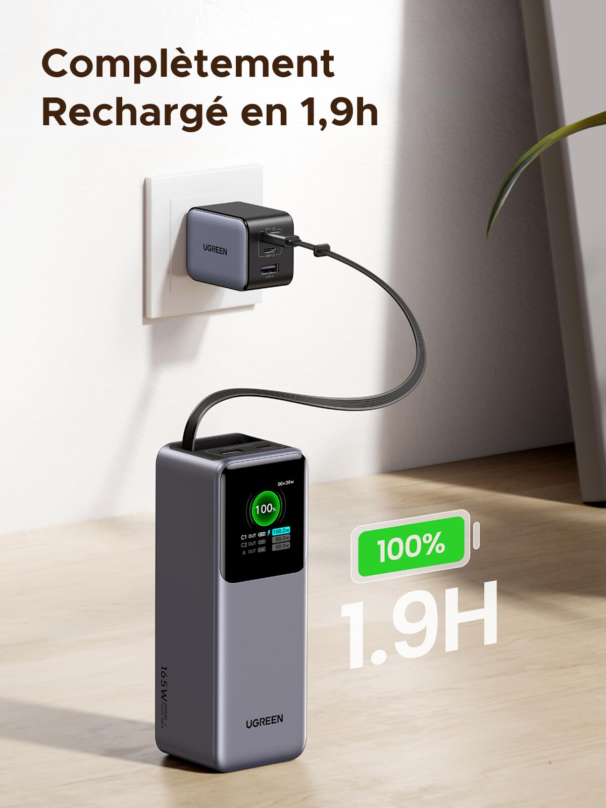 UGREEN Nexode Batterie externe 20000 mAh 165W avec câble USB-C rétractable, chargeur de voyage avec recharge en entrée ultra-rapide de 100W, permettant une charge complète en 1,9 heure — idéal pour le voyage.