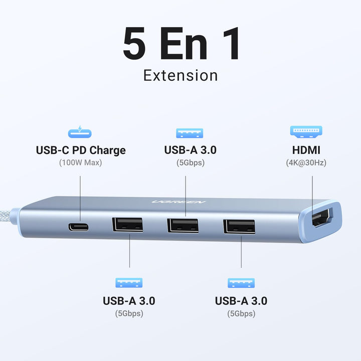 UGREEN Hub USB C 5 en 1 avec HDMI 4K 100W PD Charge 3 Ports USB 3.0 Adaptateur USB C (Bleu)