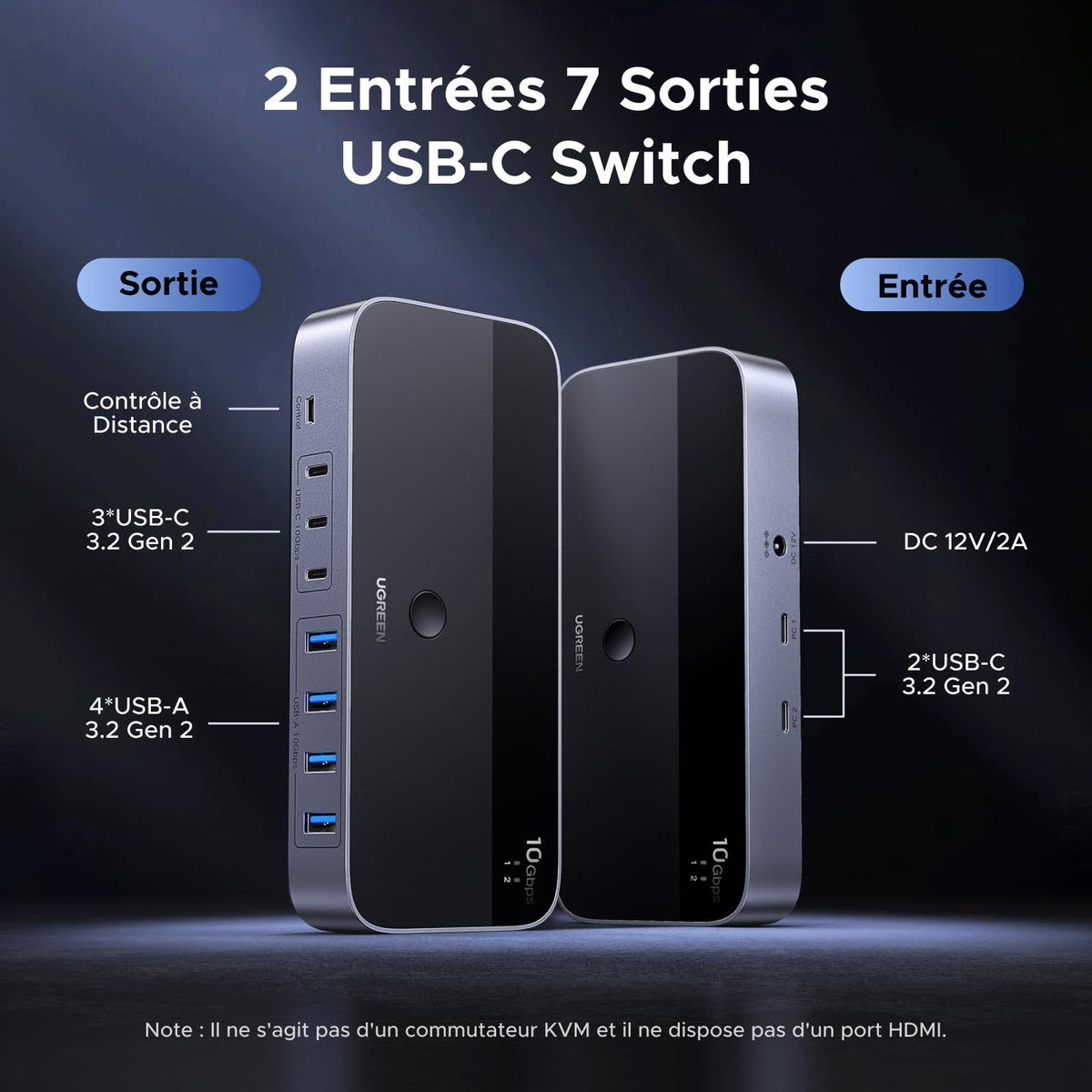 UGREEN 10Gbps Switch USB C 3.2 Commutateur KVM 2 PC Entrées 7 Sorties