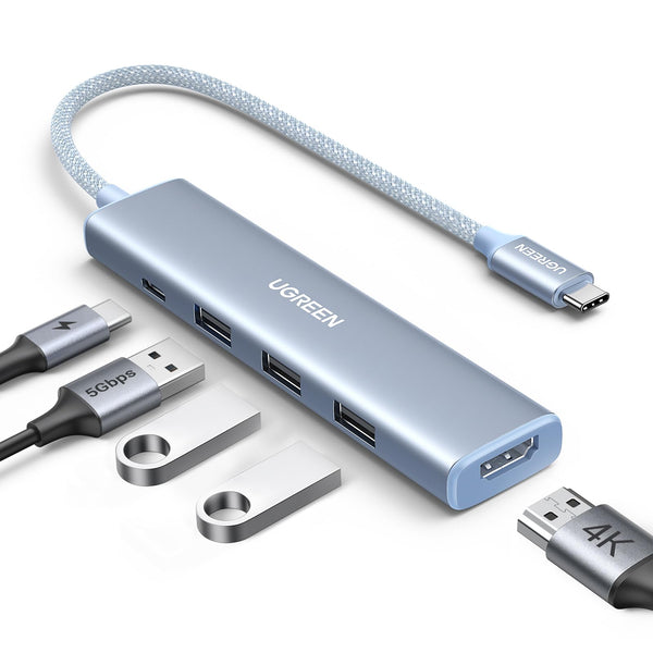 UGREEN Hub USB C 5 en 1 avec HDMI 4K 100W PD Charge 3 Ports USB 3.0 Adaptateur USB C (Bleu)