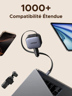 Le chargeur de voiture UGREEN Nexode 90W avec câble USB-C rétractable est un chargeur de voyage (travel charger) hautement compatible, adapté à plus de 1000 appareils, idéal pour les trajets.